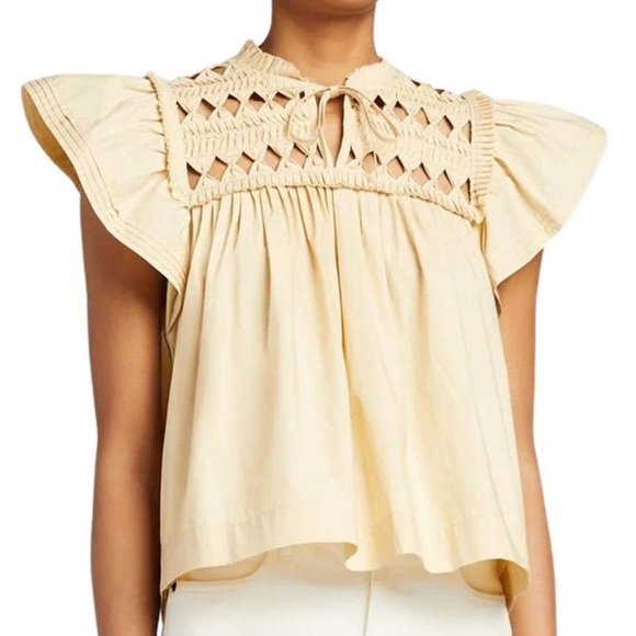 Sea New York Phoebe Cotton Poplin Smocked Flutter Sleeve Top Lt Tan SZ Medium - Picture 2 of 9